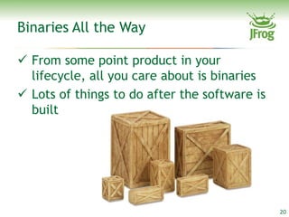 Binaries All the Way

 From some point product in your
  lifecycle, all you care about is binaries
 Lots of things to do after the software is
  built




                                               20
 