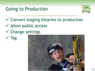 Going to Production

   Convert staging binaries to production
   Allow public access
   Change settings
   Tag




                                             24
 