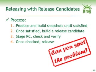Releasing with Release Candidates

 Process:
  1.   Produce and build snapshots until satisfied
  2.   Once satisfied, build a release candidate
  3.   Stage RC, check and verify
  4.   Once checked, release




                                                     49
 