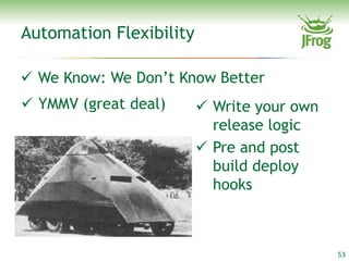 Automation Flexibility

 We Know: We Don’t Know Better
 YMMV (great deal)       Write your own
                           release logic
                          Pre and post
                           build deploy
                           hooks



                                            53
 