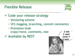 Flexible Release

 Code your release strategy
  > Versioning scheme
  > VCS (tagging, branching, commit comments)
  > Promotion hook
    (copy/move, comments, status)
 Available by REST




                                                55
 