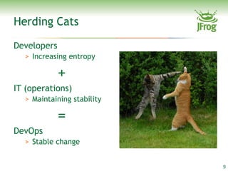Herding Cats

Developers
  > Increasing entropy

             +
IT (operations)
  > Maintaining stability

             =
DevOps
  > Stable change


                            9
 