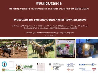 #BuildUganda
Boosting Uganda’s Investments in Livestock Development (2019-2023)
Introducing the Veterinary Public Health (VPH) component
Jolly Hoona (MAAIF), Annie Cook (ILRI), Anne Mayer-Scholl (BfR), Constanze Böning (VSF-G), Tinega
Ong’ondi (VSF-G), Kristina Roesel (ILRI/FUB), James Bugeza (NaLIRRI)
#BuildUganda Stakeholder meeting, Kampala, Uganda
7 June 2019
 