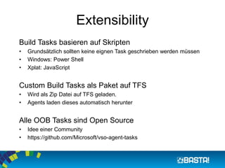 Extensibility
Build Tasks basieren auf Skripten
• Grundsätzlich sollten keine eignen Task geschrieben werden müssen
• Windows: Power Shell
• Xplat: JavaScript
Custom Build Tasks als Paket auf TFS
• Wird als Zip Datei auf TFS geladen.
• Agents laden dieses automatisch herunter
Alle OOB Tasks sind Open Source
• Idee einer Community
• https://github.com/Microsoft/vso-agent-tasks
 