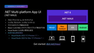 • クロス プラットフォーム, C# ネイティブ UI
• シングル プロジェクト, シングル コードベース
• デバイスのネイティブ機能の利用
• Blazor による Web とネイティブのハイブリッド構成が可能
• Visual Studio による高い開発生産性
.NET Multi-platform App UI
(.NET MAUI)
.NET 6
.NET MAUI
WinUI
Mac
Catalyst
Android
iOS
iOS
macOS
Get started:
GENERALLY AVAILABLE
 
