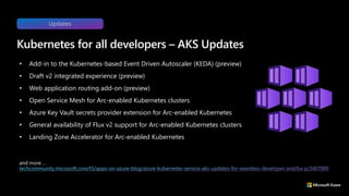 • Add-in to the Kubernetes-based Event Driven Autoscaler (KEDA) (preview)
• Draft v2 integrated experience (preview)
• Web application routing add-on (preview)
• Open Service Mesh for Arc-enabled Kubernetes clusters
• Azure Key Vault secrets provider extension for Arc-enabled Kubernetes
• General availability of Flux v2 support for Arc-enabled Kubernetes clusters
• Landing Zone Accelerator for Arc-enabled Kubernetes
Kubernetes for all developers – AKS Updates
and more …
Updates
 
