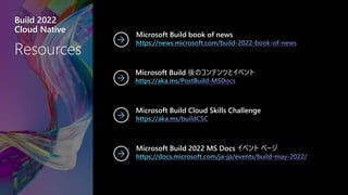 Build 2022
Cloud Native
Microsoft Build 2022 MS Docs イベント ページ
Microsoft Build book of news
Microsoft Build Cloud Skills Challenge
Microsoft Build 後のコンテンツとイベント
 