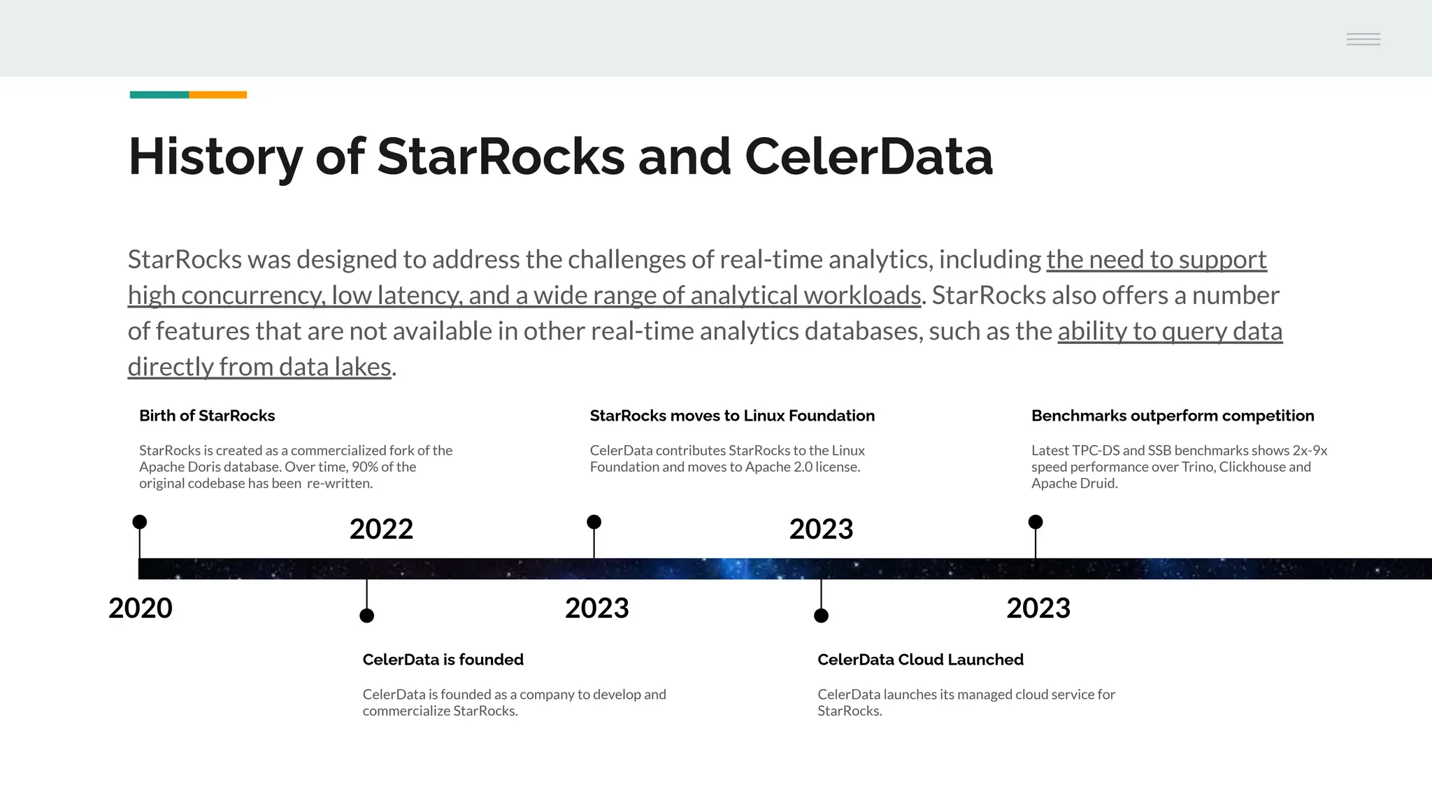 History of StarRocks and CelerData
StarRocks was designed to address the challenges of real-time analytics, including the need to support
high concurrency, low latency, and a wide range of analytical workloads. StarRocks also offers a number
of features that are not available in other real-time analytics databases, such as the ability to query data
directly from data lakes.
2020
Birth of StarRocks
StarRocks is created as a commercialized fork of the
Apache Doris database. Over time, 90% of the
original codebase has been re-written.
2022
CelerData is founded
CelerData is founded as a company to develop and
commercialize StarRocks.
2023
StarRocks moves to Linux Foundation
CelerData contributes StarRocks to the Linux
Foundation and moves to Apache 2.0 license.
2023
CelerData Cloud Launched
CelerData launches its managed cloud service for
StarRocks.
2023
Benchmarks outperform competition
Latest TPC-DS and SSB benchmarks shows 2x-9x
speed performance over Trino, Clickhouse and
Apache Druid.
 