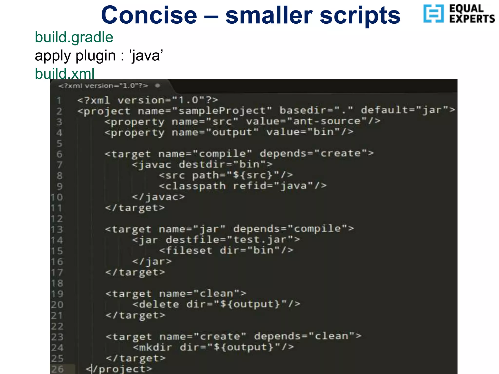 www.equalexperts.com
Concise – smaller scripts
build.gradle
apply plugin : ’java’
build.xml
 