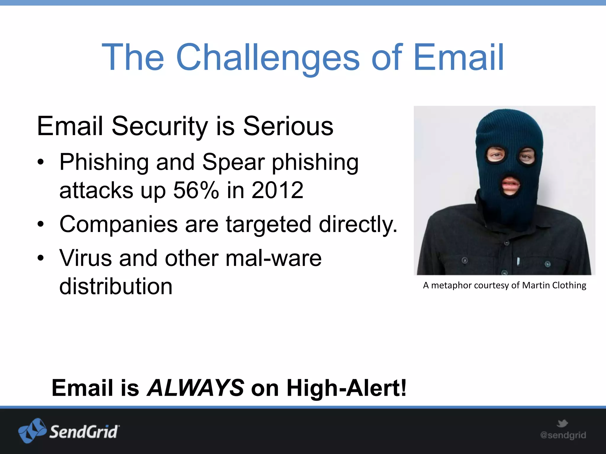 The Challenges of Email
Email Security is Serious
• Phishing and Spear phishing
  attacks up 56% in 2012
• Companies are targeted directly.
• Virus and other mal-ware
  distribution                       A metaphor courtesy of Martin Clothing




 Email is ALWAYS on High-Alert!
 