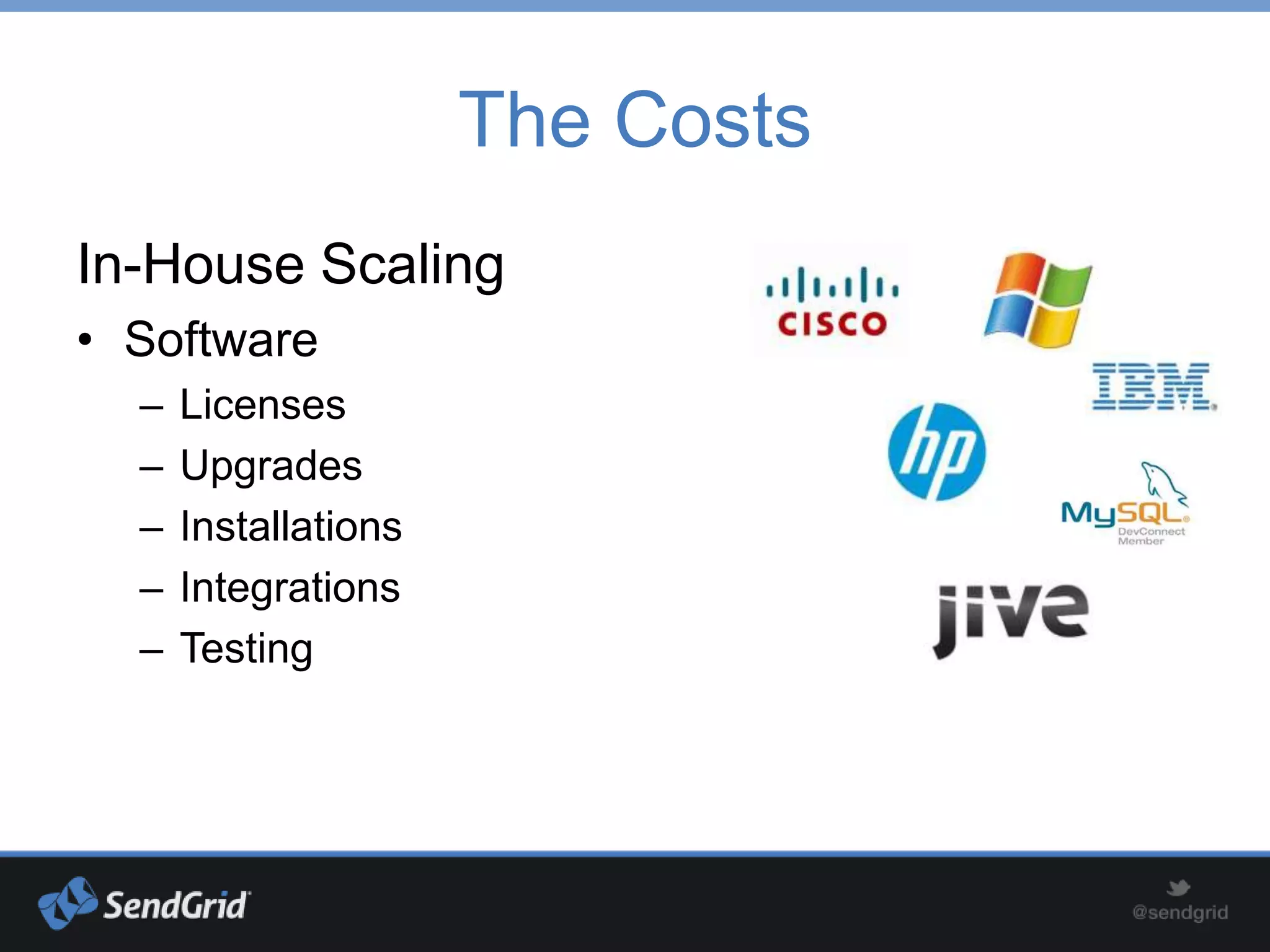 The Costs
In-House Scaling
• Software
  –   Licenses
  –   Upgrades
  –   Installations
  –   Integrations
  –   Testing
 