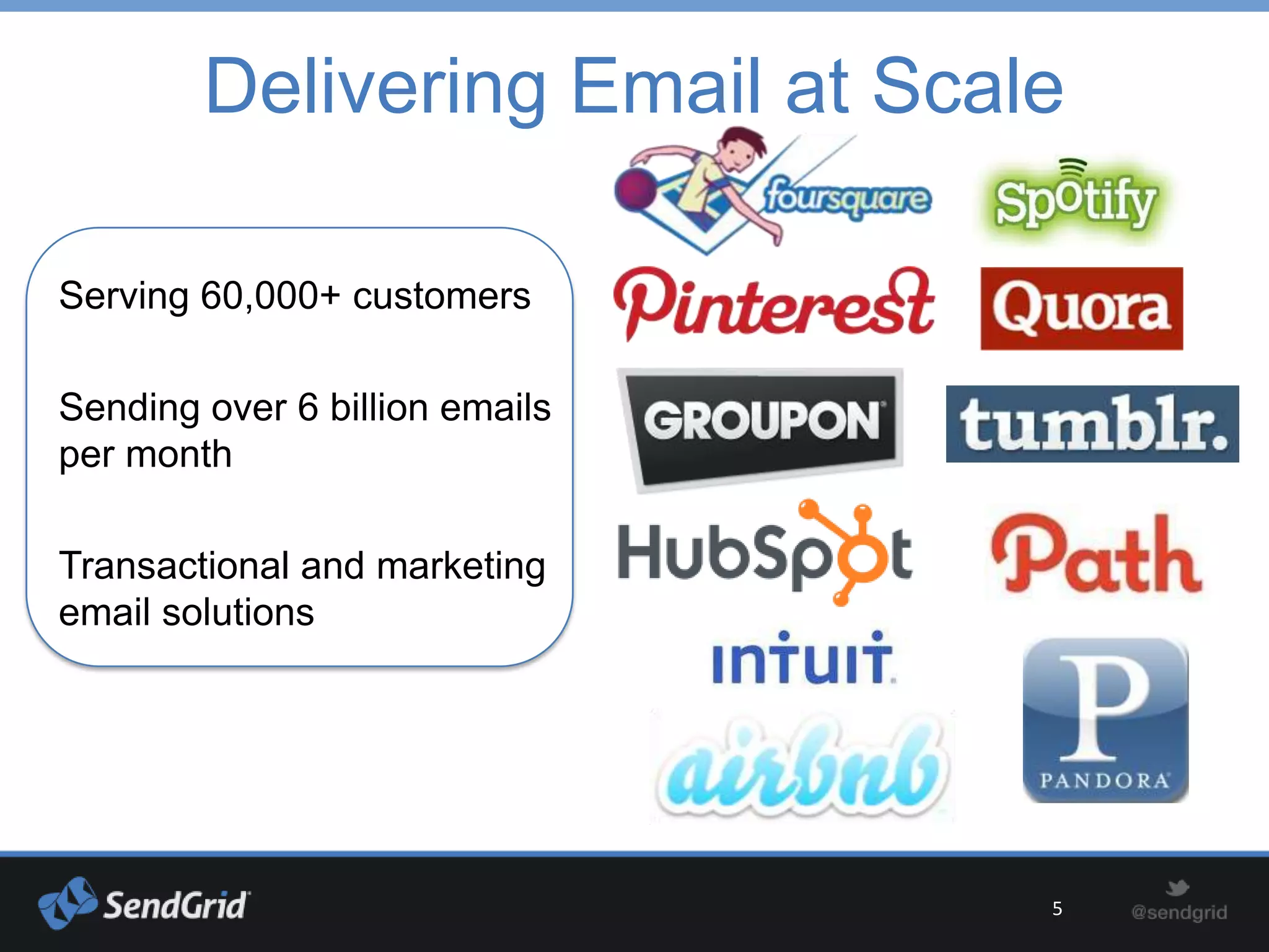 Delivering Email at Scale

Serving 60,000+ customers

Sending over 6 billion emails
per month

Transactional and marketing
email solutions




                                5
 