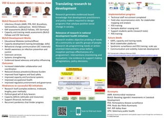 Translating research to
development
ILRI thanks all donors and organizations which globally support its work through their contributions to
the CGIAR Trust Fund.
This document is licensed for use under the Creative Commons Attribution 4.0
International Licence. June 2020
Acronyms
AMR: Antimicrobial resistance
BUILD: Boosting Uganda’s Investments in Livestock
Development
PDS: Participatory disease surveillance
PPR: Peste des Petits Ruminants
RVF: Rift Valley fever
VPH: Veterinary public healthScan to find out more
VSF-G BUILD UGANDA PROJECT TECHNICAL TEAM
BUILD Research Works
• Infectious threats (AMR, PPR, RVF, Brucellosis,
Salmonellosis, Leptospirosis - BUILD fellows)
• KAP assessments (BUILD Fellows, VSF Germany)
• Capacity and training needs assessments (BUILD
Fellows and VSF Germany)
BUILD Development Works
• Educational Modules (online/offline)
• Capacity development training (knowledge, skills)
• Behavioral change communication (IEC materials)
• Health awareness on infection prevention and
control
• Extension services
• Systems strengthening
• Evidenced-based advocacy and policy influencing
Outcomes
• Increased stakeholder collaboration and
coordinaiton
• Reduced disease prevalence/disease burden
• Improved food hygiene and food safety
• Improved capacity and functional systems
• Improved occupational health
• Improved regulatory environment and governance
Hindrances to successful RD initiatives
• Research itself (complex evidence, Irrelevant,
lengthy, poor methods)
• Political good will of duty bearers
• Capacity deficits (attitudes and resources)
• Support (financial, technical)
• Recurrent pandemics that hinder progress
Research generates evidenced based
knowledge that development practitioners
and policy makers required to design
programs that catalyze positive social
change in society.
Relevance of research in national
development health initiatives
Research enables objective probing of needs
of a community or specific groups of people.
Research ids programming needs or action-
oriented interventions areas before
inception portrays effectiveness of a
programme’s interventions (monitoring and
evaluation). Use evidence to support making
of legislations, policy decisions.
Joshua Anna Steven Claire
Implementation progress
• Technical staff recruitment completed
• Field sites reconnaissance visits for stakeholder
mapping and analysis
• PDS training
• Kampala abattoir scoping visit
• Support students works (research tools)
• PDS training
Future deeds
• KAPS, capacity and training needs
• Multi stakeholder platforms
• Syndromic surveillance and PDS training scale ups
• Communication and visibility materials development
PDS Training held in Mbarara (February 2020)
www.ilri.org/news/expanding-capacity-participatory-disease-surveillance-uganda
MARTIN
 