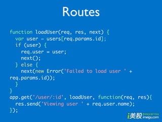 Routes
function loadUser(req, res, next) {
  var user = users[req.params.id];
  if (user) {
    req.user = user;
    next();
  } else {
    next(new Error('Failed to load user ' +
req.params.id));
  }
}
app.get('/user/:id', loadUser, function(req, res){
  res.send('Viewing user ' + req.user.name);
});
 