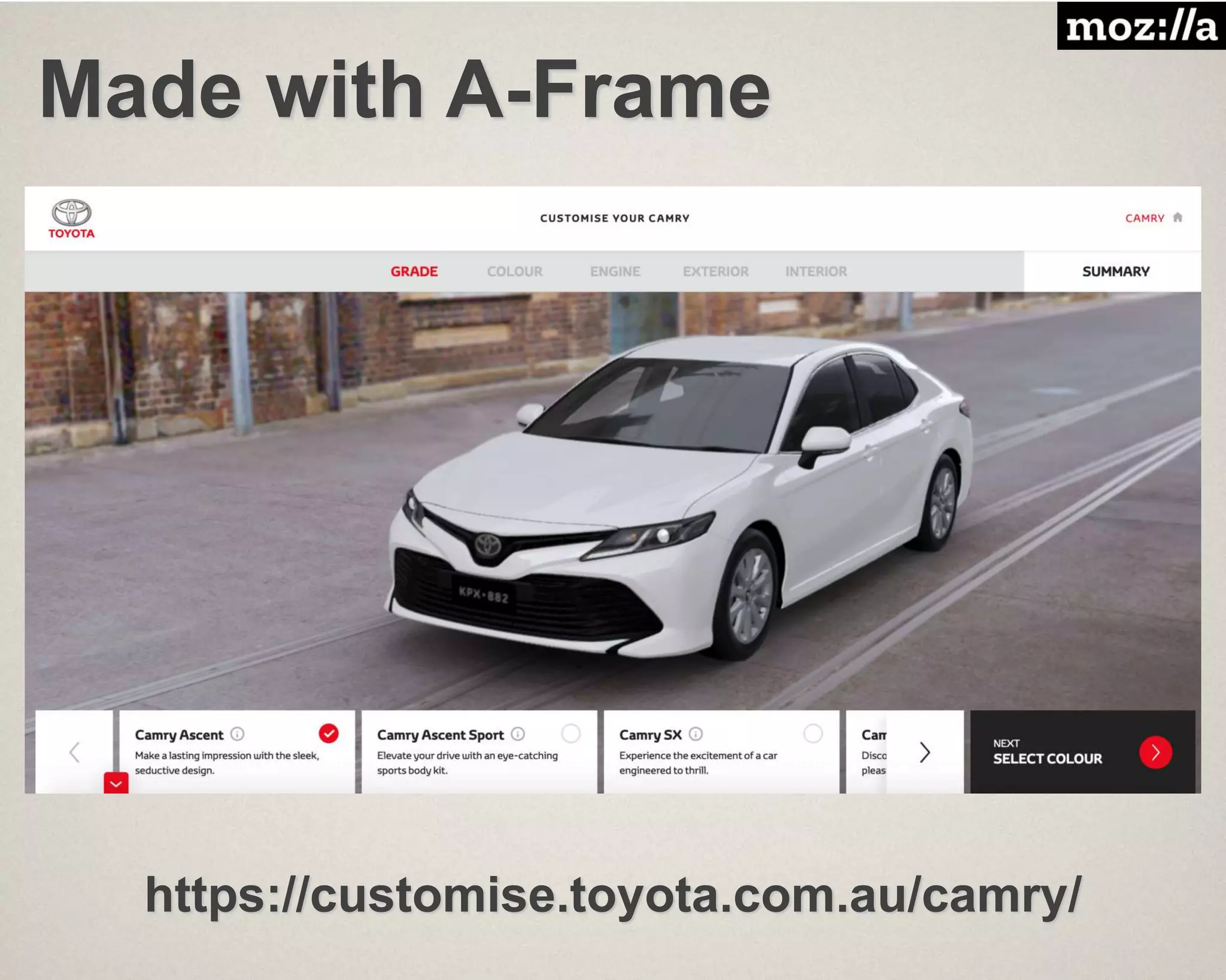 Made with A-Frame
https://customise.toyota.com.au/camry/
 