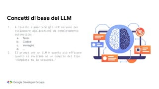 Concetti di base dei LLM
1. A livello elementare gli LLM servono per
sviluppare applicazioni di completamento
automatico:
a. Testo
b. Codice
c. Immagini
d. …
2. Il prompt per un LLM è quanto più efficace
quanto si avvicina ad un compito del tipo
“completa tu la sequenza…”
 