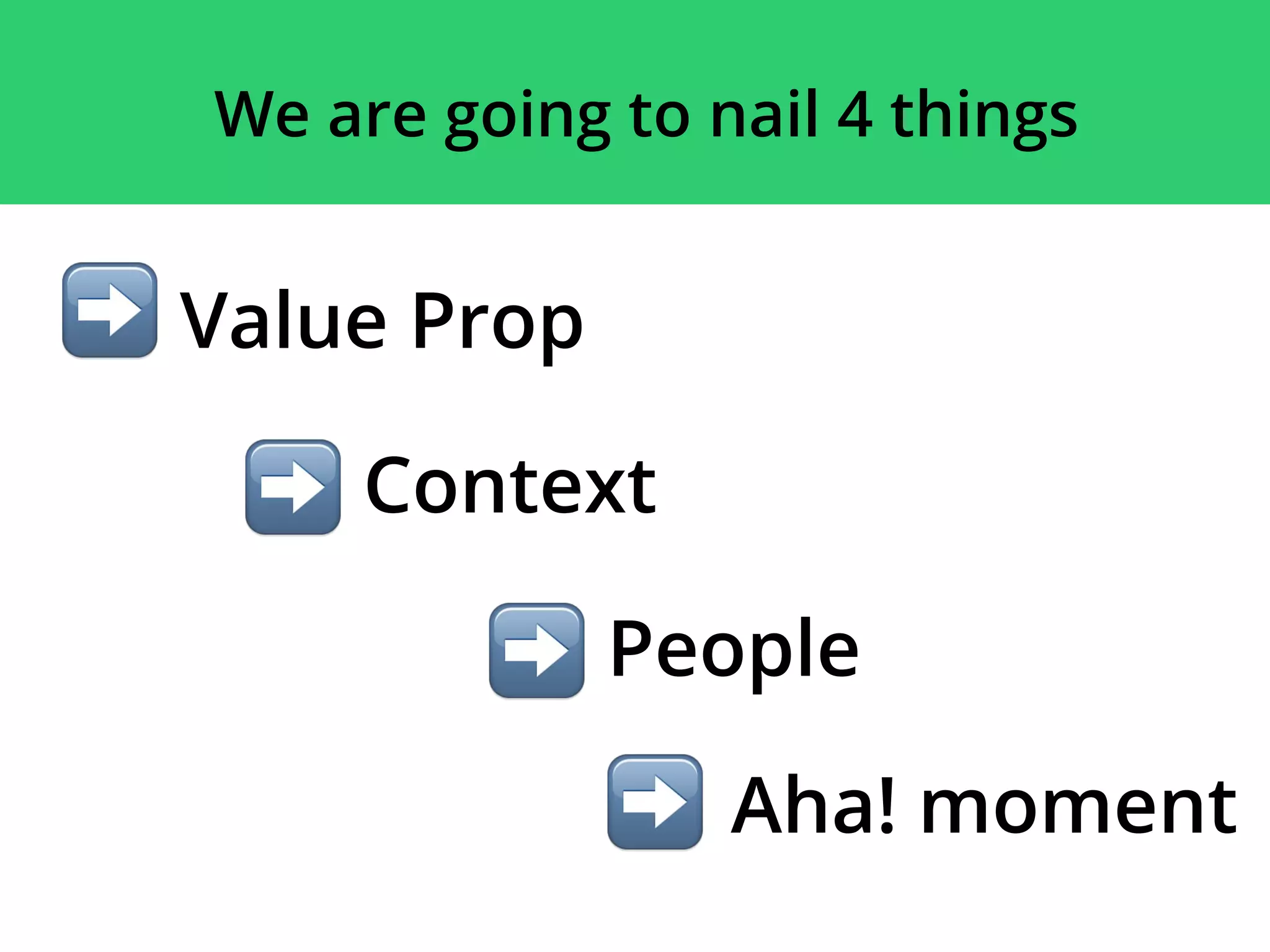 Value Prop
We are going to nail 4 things
Context
Aha! moment
People
 