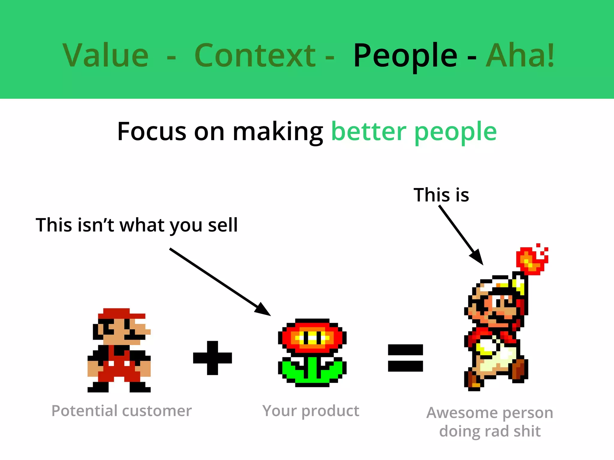 Value - Context - People - Aha!
Focus on making better people
This isn’t what you sell
This is
Potential customer Your product Awesome person
doing rad shit
 