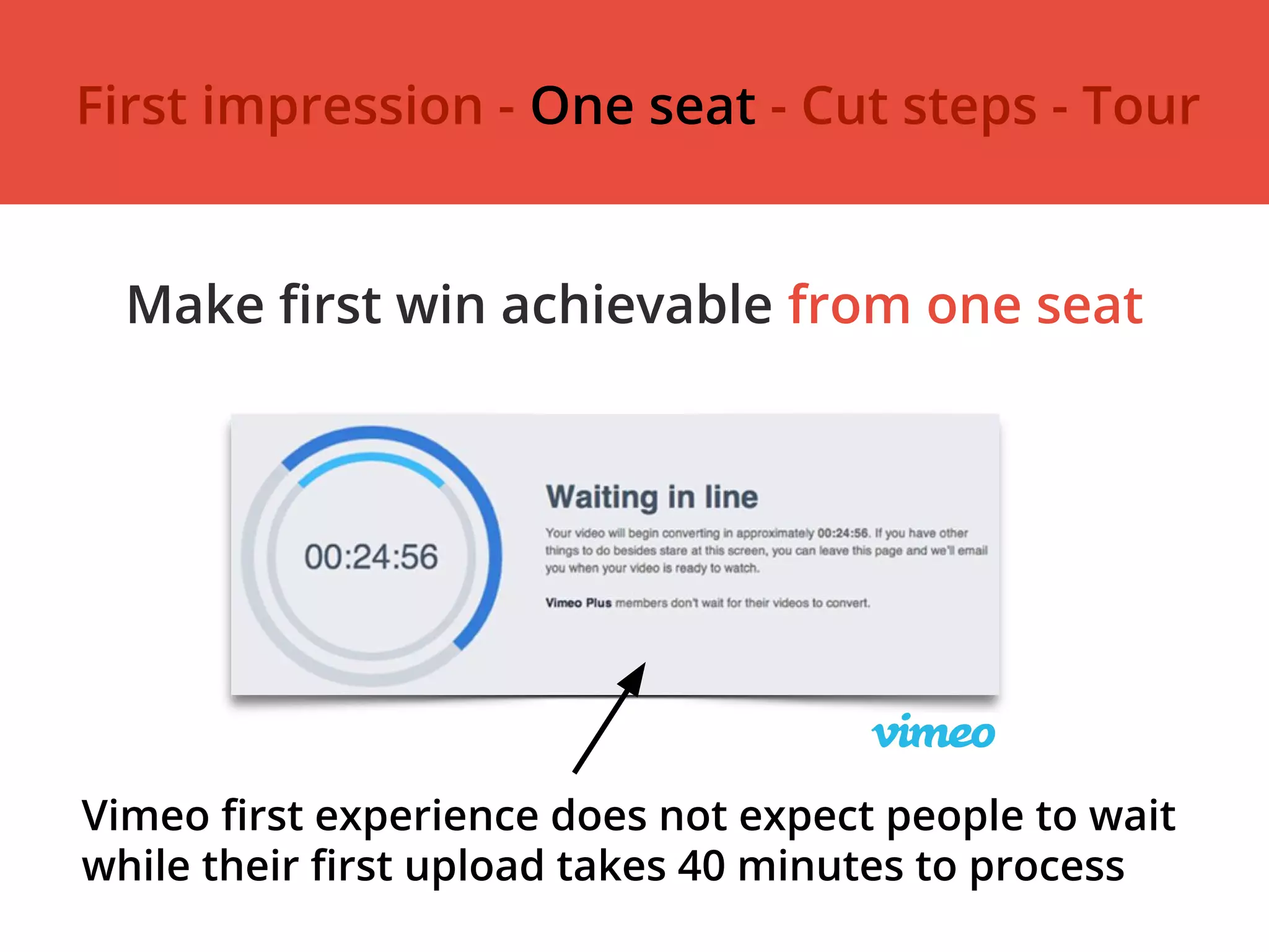 Vimeo first experience does not expect people to wait
while their first upload takes 40 minutes to process
First impression - One seat - Cut steps - Tour
Make first win achievable from one seat
 