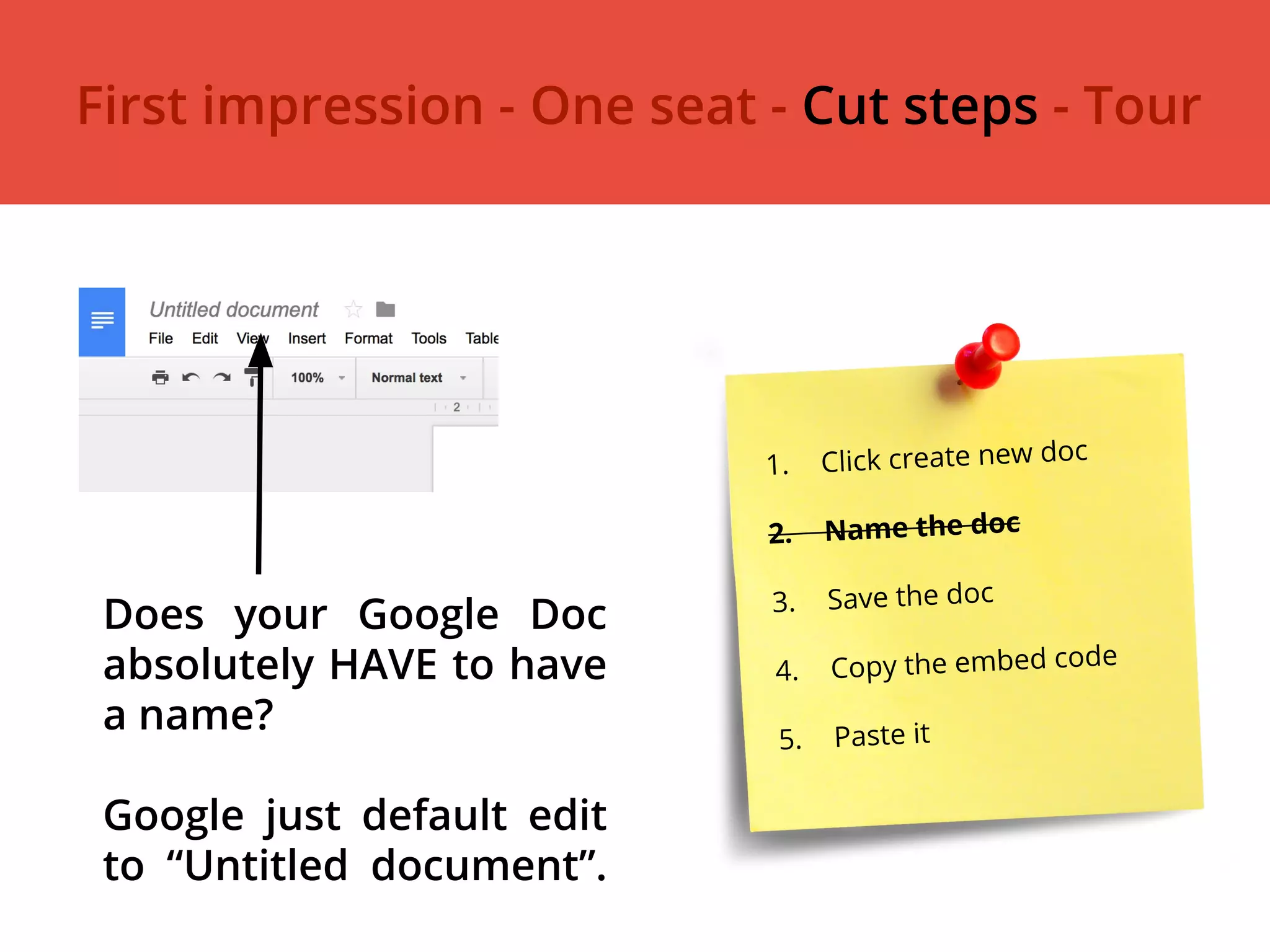 Does your Google Doc
absolutely HAVE to have
a name?
Google just default edit
to “Untitled document”.
1. Click create new doc
2. Name the doc
3. Save the doc
4. Copy the embed code
5. Paste it
First impression - One seat - Cut steps - Tour
 