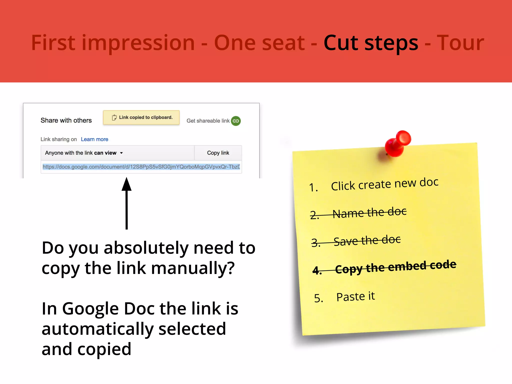 Do you absolutely need to
copy the link manually?
In Google Doc the link is
automatically selected
and copied
1. Click create new doc
2. Name the doc
3. Save the doc
4. Copy the embed code
5. Paste it
First impression - One seat - Cut steps - Tour
 