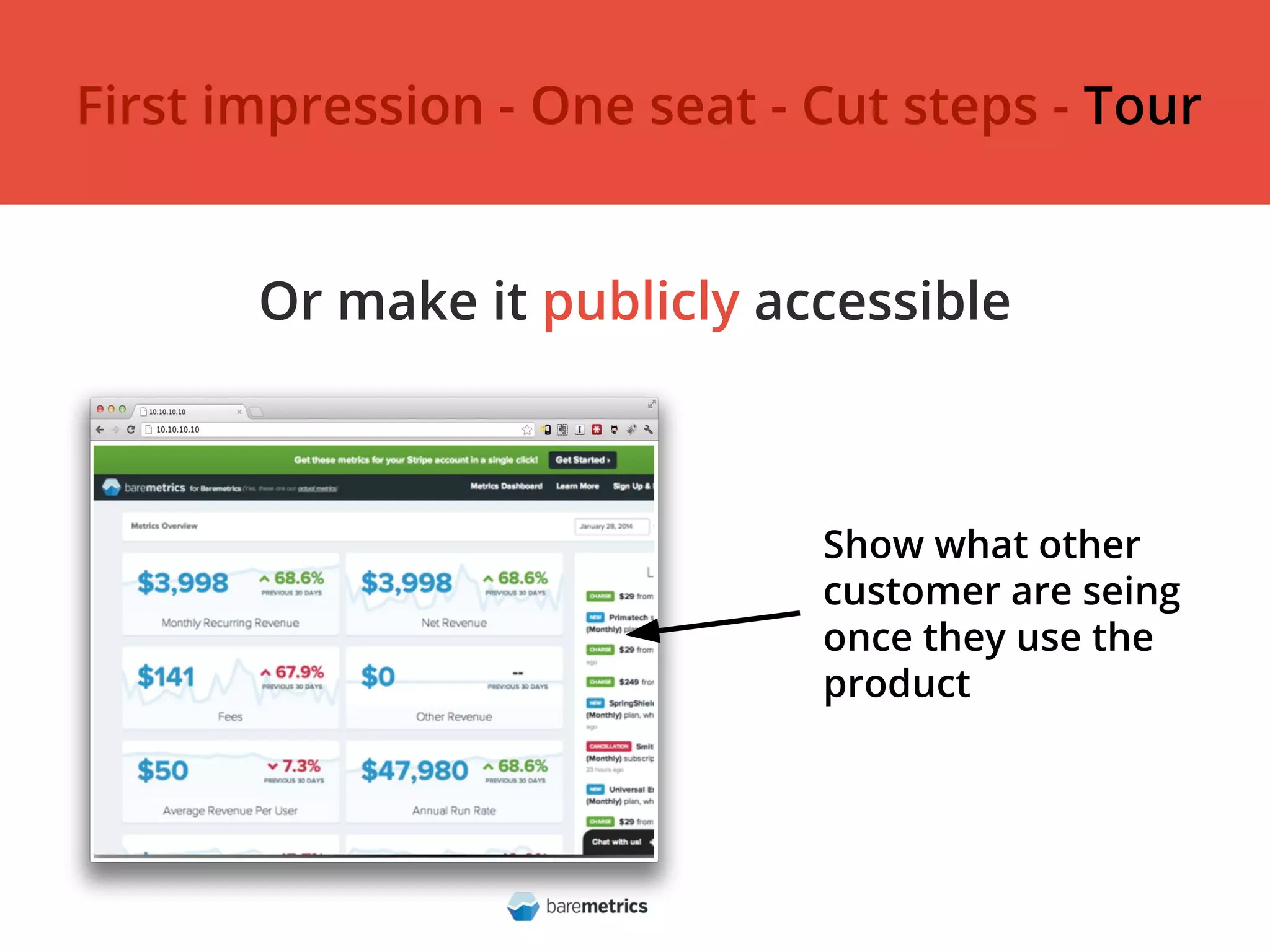 Or make it publicly accessible
Show what other
customer are seing
once they use the
product
First impression - One seat - Cut steps - Tour
 