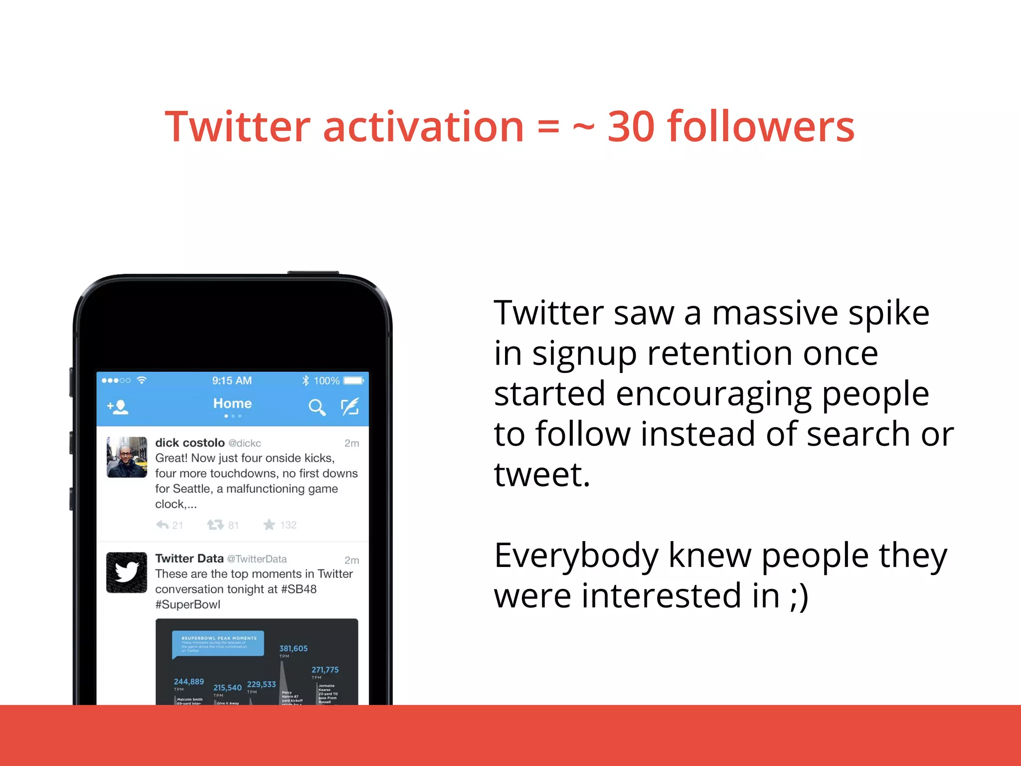 Twitter saw a massive spike
in signup retention once
started encouraging people
to follow instead of search or
tweet.
Everybody knew people they
were interested in ;)
Twitter activation = ~ 30 followers
 