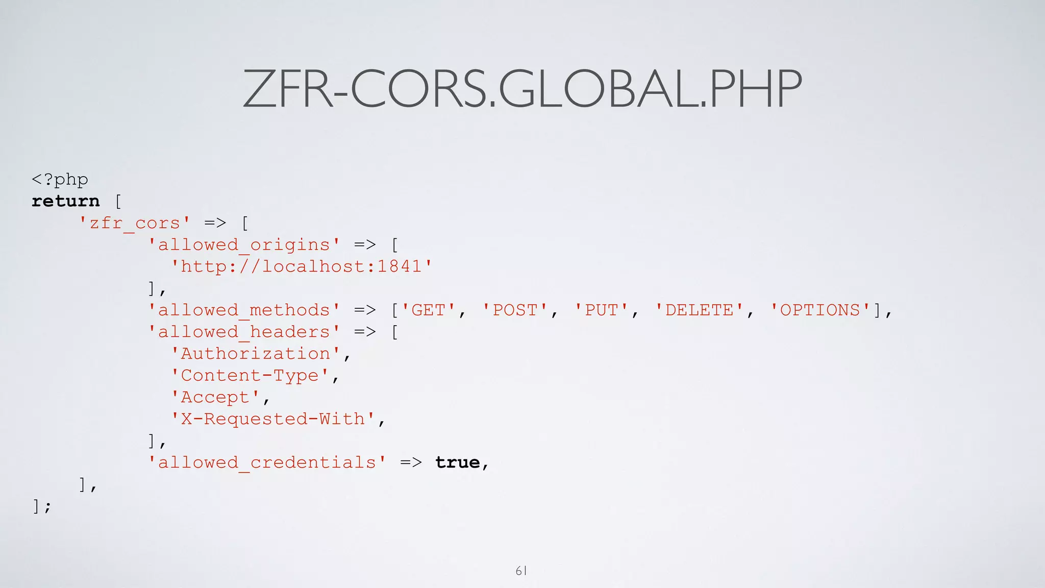 ZFR-CORS.GLOBAL.PHP
<?php
return [
'zfr_cors' => [
'allowed_origins' => [
'http://localhost:1841'
],
'allowed_methods' => ['GET', 'POST', 'PUT', 'DELETE', 'OPTIONS'],
'allowed_headers' => [
'Authorization',
'Content-Type',
'Accept',
'X-Requested-With',
],
'allowed_credentials' => true,
],
];
61
 
