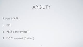 APIGILITY
3 types of APIs:
1. RPC
2. REST (“customized”)
3. DB Connected (“native”)
15
 