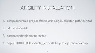 APIGILITY INSTALLATION
1. composer create-project zfcampus/zf-apigility-skeleton path/to/install
2. cd path/to/install
3. composer development-enable
4. php -S 0.0.0.0:8080 -ddisplay_errors=0 -t public public/index.php
30
 