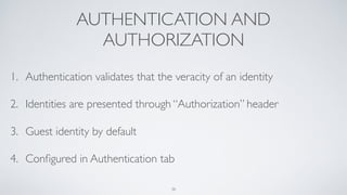 AUTHENTICATION AND
AUTHORIZATION
1. Authentication validates that the veracity of an identity
2. Identities are presented through “Authorization” header
3. Guest identity by default
4. Conﬁgured in Authentication tab
38
 