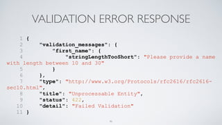 VALIDATION ERROR RESPONSE
1 {
2 "validation_messages": {
3 "first_name": {
4 "stringLengthTooShort": "Please provide a name
with length between 10 and 30"
5 }
6 },
7 "type": "http://www.w3.org/Protocols/rfc2616/rfc2616-
sec10.html",
8 "title": "Unprocessable Entity",
9 "status": 422,
10 "detail": "Failed Validation"
11 }
46
 