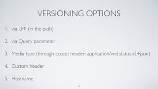 VERSIONING OPTIONS
1. via URI (in the path)
2. via Query parameter
3. Media type (through accept header: application/vnd.status.v2+json)
4. Custom header
5. Hostname
54
 