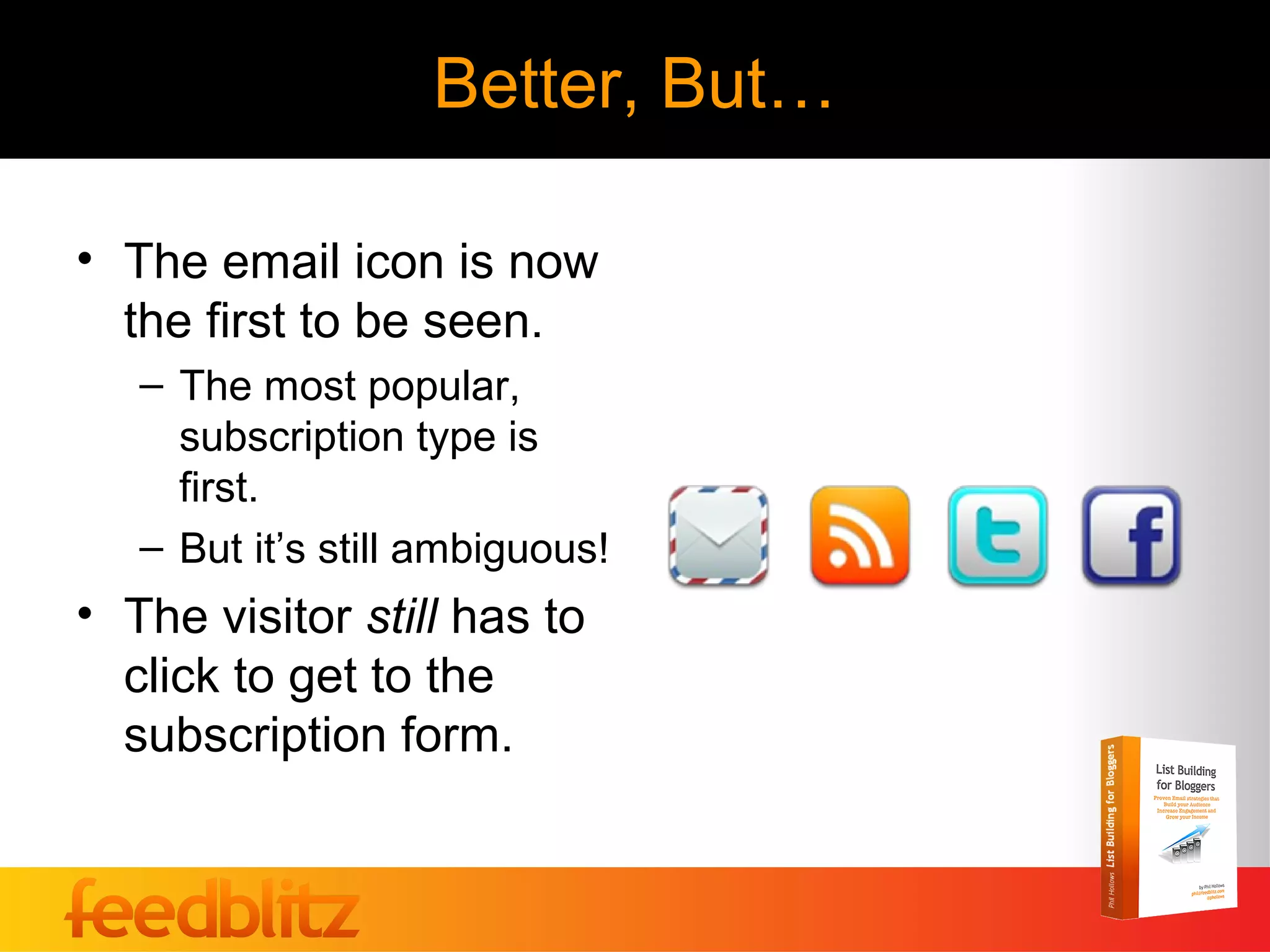 Better, But…

• The email icon is now
  the first to be seen.
   – The most popular,
     subscription type is
     first.
   – But it’s still ambiguous!
• The visitor still has to
  click to get to the
  subscription form.
 