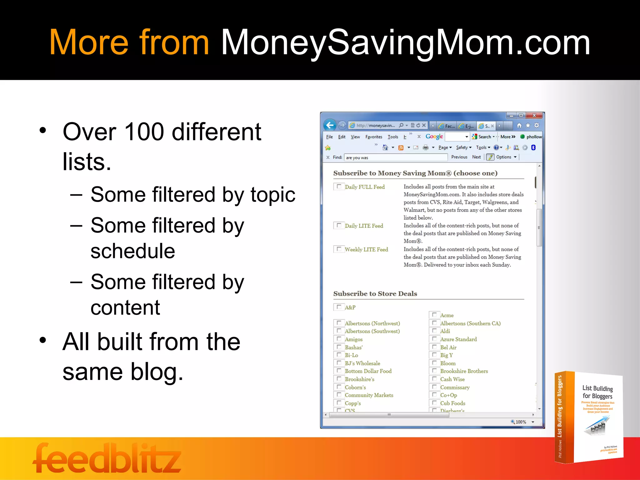 More from MoneySavingMom.com

• Over 100 different
  lists.
   – Some filtered by topic
   – Some filtered by
     schedule
   – Some filtered by
     content
• All built from the
  same blog.
 