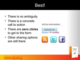 Best!

• There is no ambiguity
• There is a concrete
  call to action
• There are zero clicks
  to get to the form
• Other sharing options
  are still there
 