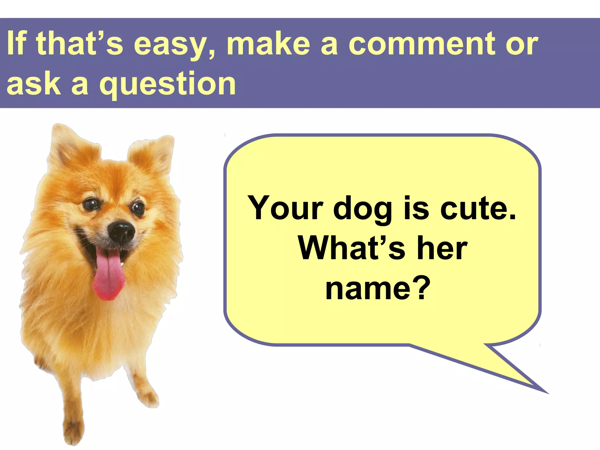 If that’s easy, make a comment or
ask a question


              Your dog is cute.
                What’s her
                  name?
 