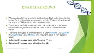 DNA BACKGROUND
 When we isolate from a cell and stretched out, DNA looks like a twisted
ladder. So, in this activity, we are going to build DNA model and we will
the shape of DNA which is called a double helix.
 The sides of the DNA ladder are called the backbone and the steps
(also called rungs) of the ladder are pairs of small chemicals called
bases.
 There are four types of chemical bases in DNA: Adenine (A), Cytosine
(C), Guanine (G), and Thymine (T). They form pairs in very specific
ways:
 Adenine (A) always pairs with Thymine (T) and
 Cytosine (C) always pairs with Guanine (G).
12/12/2017DNA structure and function Lab activity by Murat Ozturk
 