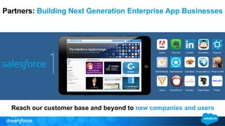 Partners: Building Next Generation Enterprise App Businesses 
Experian 
Evernote CloudApps 
GetFeedback 
Philips 
Adobe 
ClickSoftware 
LinkedIn 
Veeva SchoolForce 
Novidea 
Ring my Bell 
Hotel Ninjas 
Cameleon 
FinancialForce 
Reach our customer base and beyond to new companies and users 
 