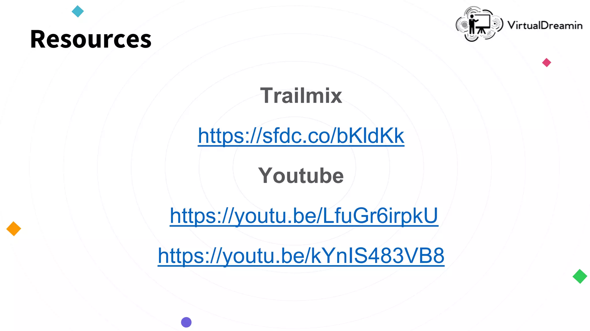 Resources
Trailmix
https://sfdc.co/bKldKk
Youtube
https://youtu.be/LfuGr6irpkU
https://youtu.be/kYnIS483VB8