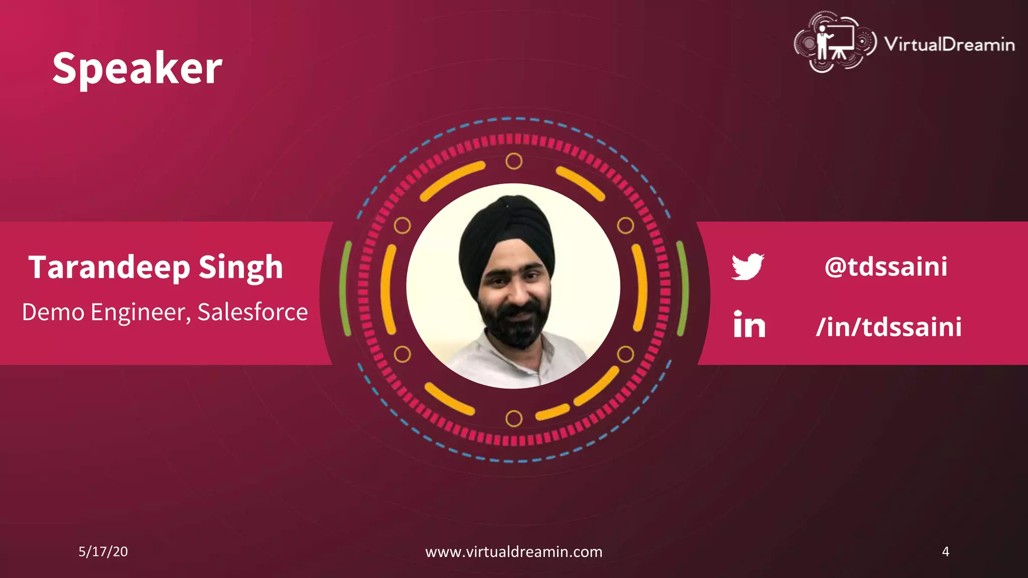 Speaker
5/17/20 www.virtualdreamin.com 4
@tdssaini
/in/tdssaini
Tarandeep Singh
Demo Engineer, Salesforce
