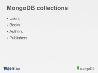 MongoDB collections
• Users
• Books
• Authors
• Publishers
 