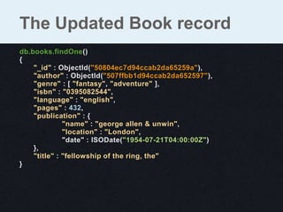 The Updated Book record
db.books.findOne()
{
    "_id" : ObjectId("50804ec7d94ccab2da65259a"),
    "author" : ObjectId("507ffbb1d94ccab2da652597"),
    "genre" : [ "fantasy", "adventure" ],
    "isbn" : "0395082544",
    "language" : "english",
    "pages" : 432,
    "publication" : {
              "name" : "george allen & unwin",
              "location" : "London",
              "date" : ISODate("1954-07-21T04:00:00Z")
    },
    "title" : "fellowship of the ring, the"
}
 