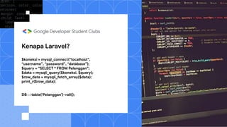 Kenapa Laravel?
$koneksi = mysql_connect(“localhost”,
“username”, “password”, “database”);
$query = “SELECT * FROM Pelanggan”;
$data = mysqli_query($koneksi, $query);
$row_data = mysqli_fetch_array($data);
print_r($row_data);
DB : : table(‘Pelanggan’)->all();
 