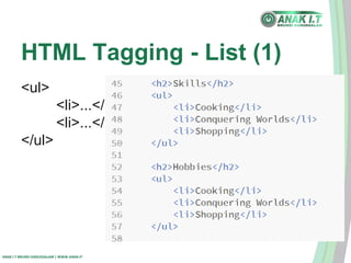HTML Tagging - List (1) 
<ul> 
<li>...</li> 
<li>...</li> 
</ul> 
ANAK I.T BRUNEI DARUSSALAM | WWW.ANAK.IT 
 