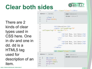 Clear both sides 
There are 2 
kinds of clear 
types used in 
CSS here. One 
in div and one in 
dd. dd is a 
HTML5 tag 
used for 
description of an 
item. 
ANAK I.T BRUNEI DARUSSALAM | WWW.ANAK.IT 
 