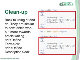 Clean-up 
Back to using dt and 
dd. They are similar 
to how tables work 
but more towards 
article writing. 
<dt>Define 
Term</dt> 
<dd>Define 
Description</dd> 
ANAK I.T BRUNEI DARUSSALAM | WWW.ANAK.IT 
 