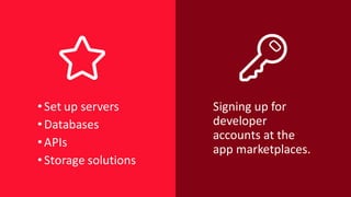 •Set	up	servers
•Databases
•APIs
•Storage	solutions
Signing	up	for	
developer	
accounts	at	the	
app	marketplaces.
 