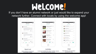 If you don’t have an alumni network or just would like to expand your
network further. Connect with locals by using the welcome app!
 