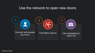 Use the network to open new doors
Connect with people
you know
Find fellow alumni Use messaging to
reach out
#WelcomeTalent
2 31
 